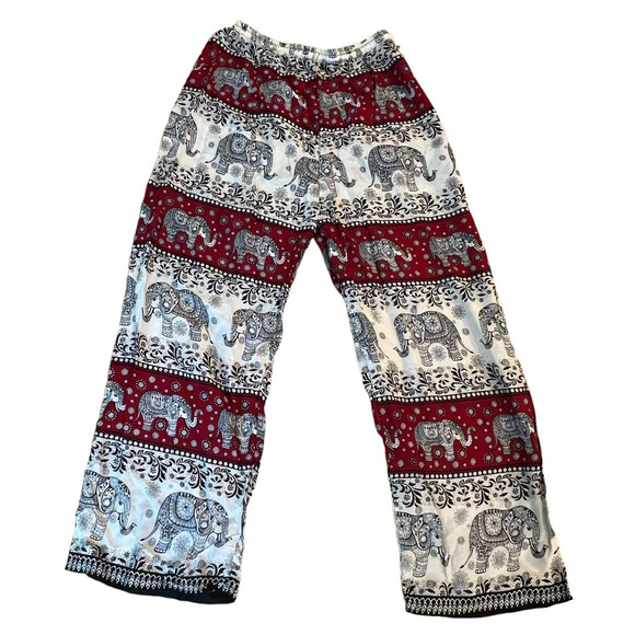 Thailand Elephant Red, Black,White Pattern Boho Drawstring Wide Leg Pants Medium - Picture 2 of 6